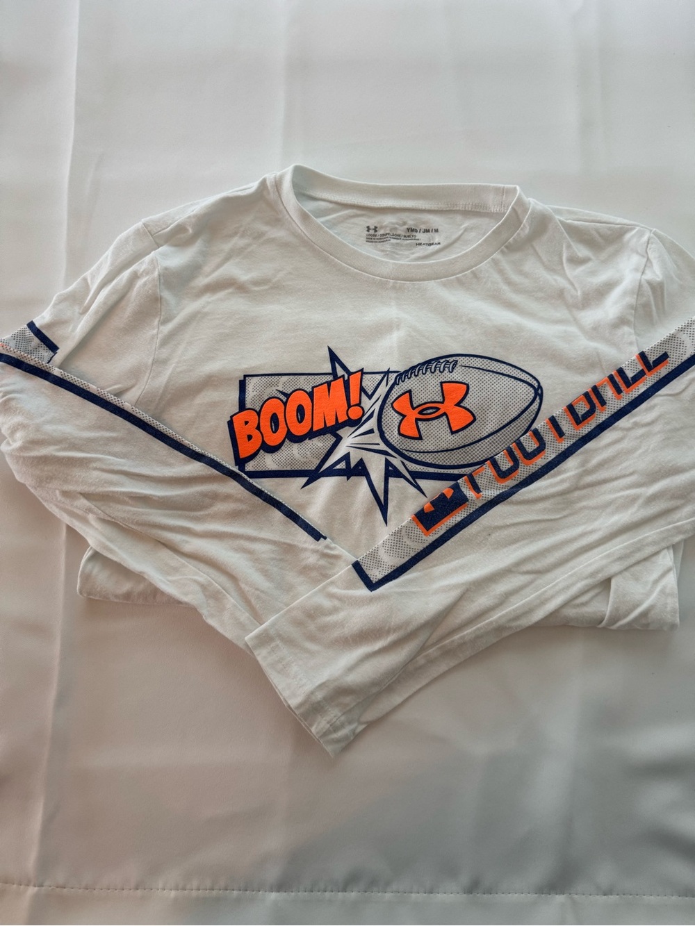 Under Armour White Long-Sleeve 'Boom!' Football Graphic Tee with Orange & Navy